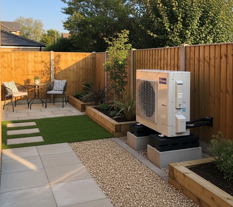 warmtepomp in een tuin op poten