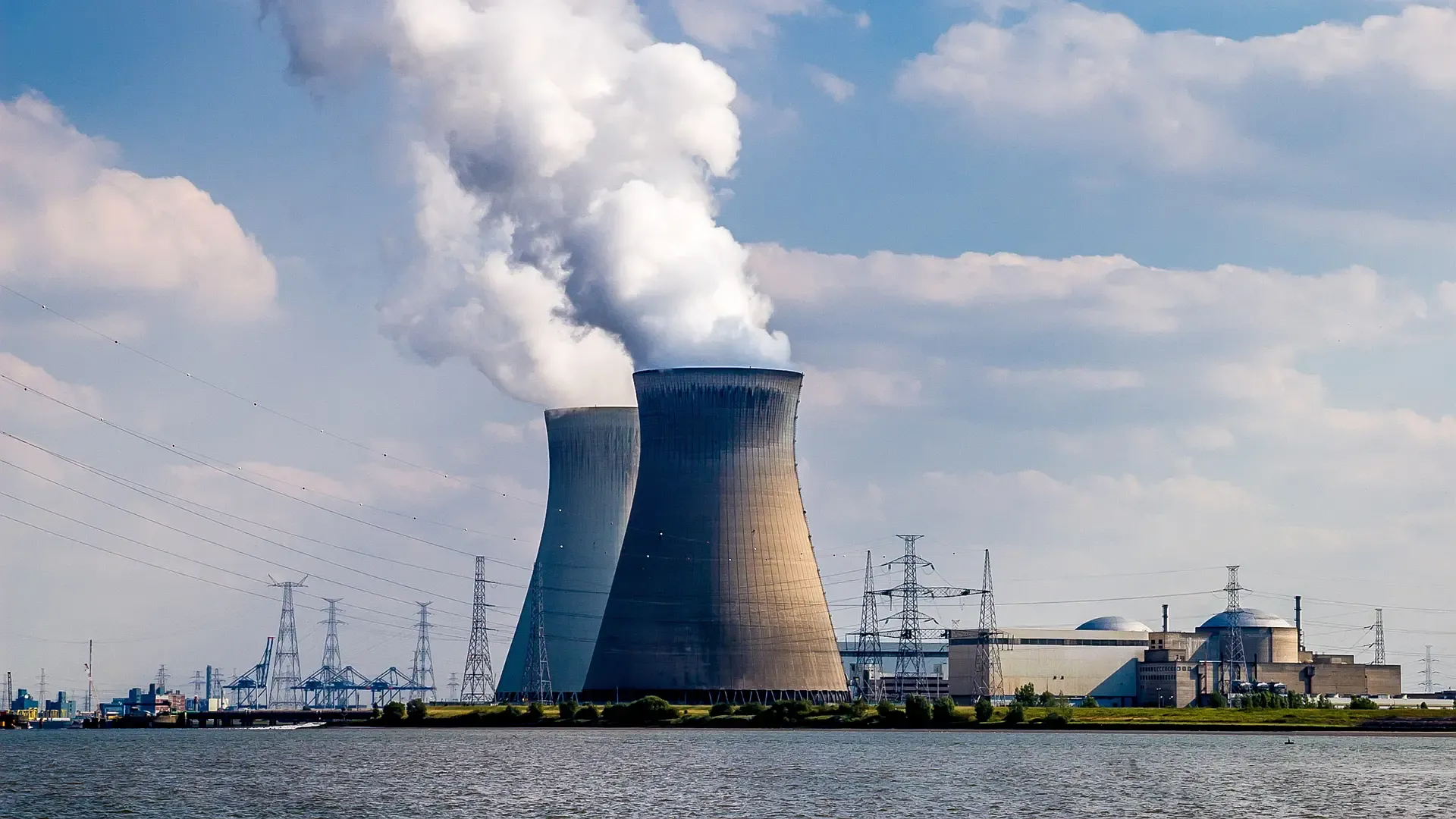 Kernenergie België: koeltorens van een kerncentrale die stroom levert aan het Europese net