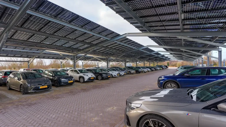 Zonnecarport met zonnepanelen boven een oprit waarvoor Noord-Holland subsidie beschikbaar stelt
