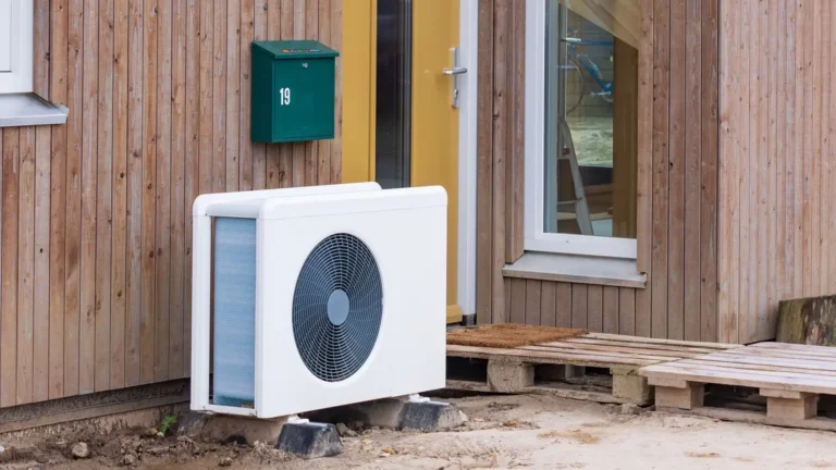 Buitenunit van een warmtepomp in een tuin met geluid dempende omkasting