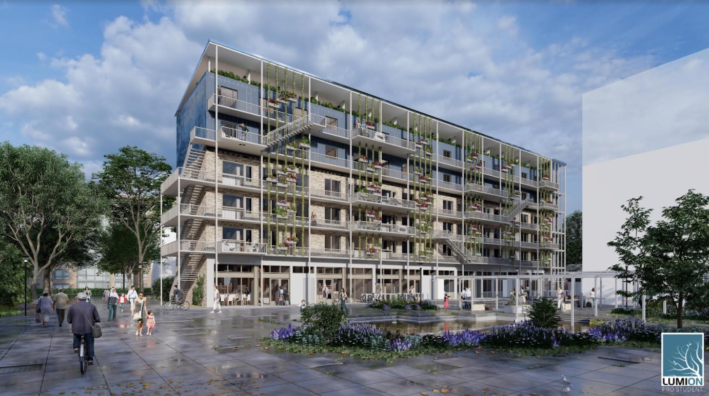 Portiekflat renoveren: steigers rond een jaren zestig woongebouw in Nederland